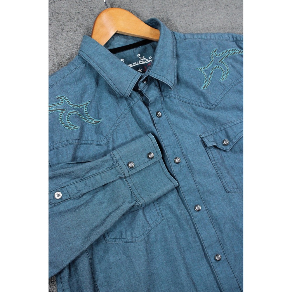 Wrangler Rock 47 Mens Blue Teal Western Pearl Snap Embroidered Shirt Large
